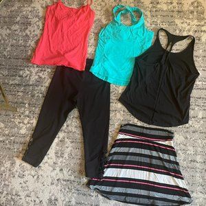 MIXED SIZE WORKOUT BUNDLE: Ladies' Tops, Yoga Pants, & Casual Skirt